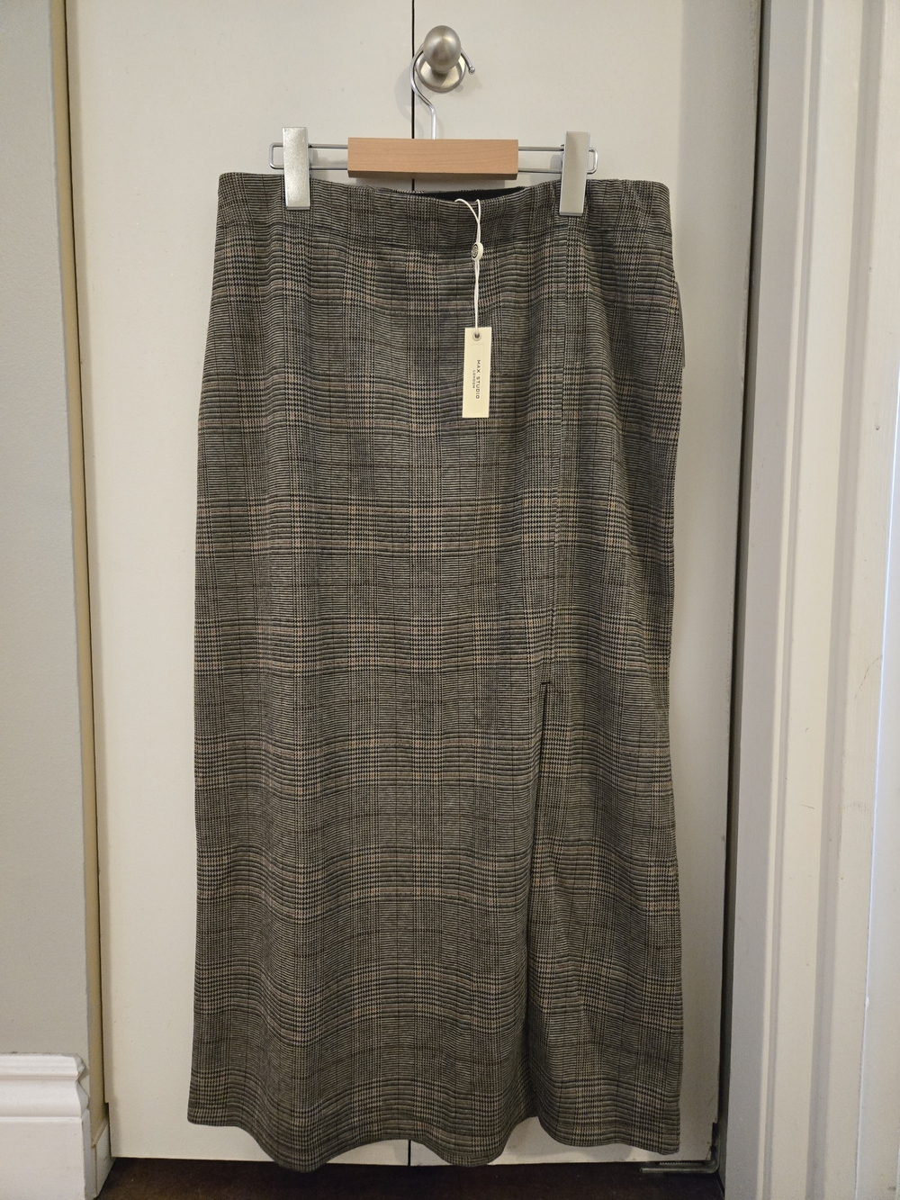 Max Studio Gray and Brown Plaid Midi Skirt